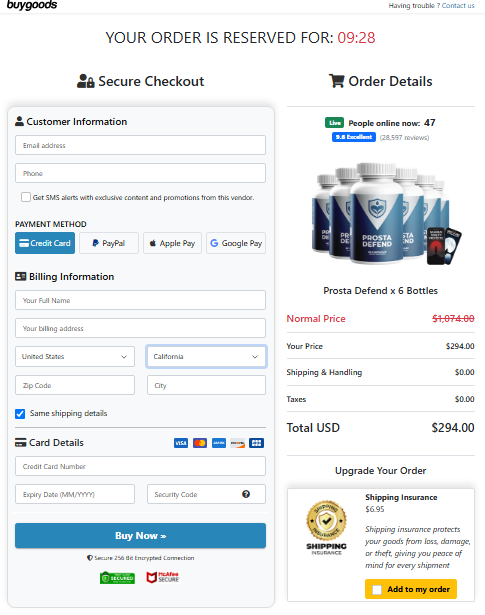 Prosta Defend secure checkout page on the official website